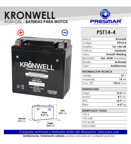 Bateria Moto Gel Kronwell Honda Trx 420 Fourtrax Rancher 4x4 1