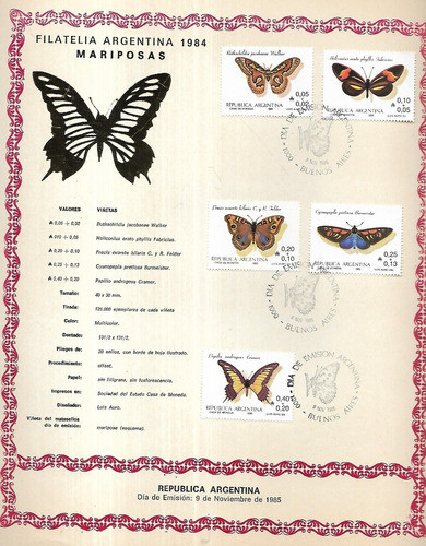 Hola Filatelica Con Sellos Motivo Mariposas 1984 Argentina 0