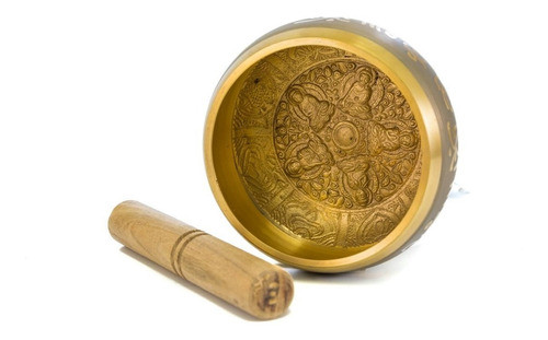 Cuenco Tibetano Color Oro Tallado 13cm + Caja + Zafu Baqueta 1