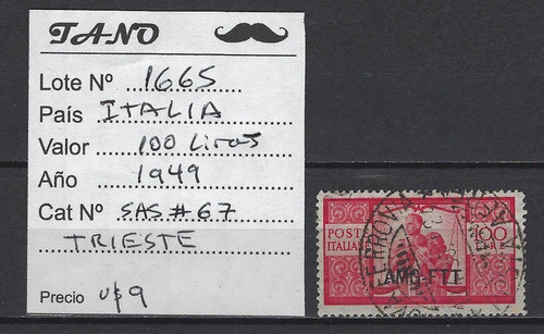 Lote1665 Italia 100 Liras 1949 Sas# 67 Trieste Formato 2 1