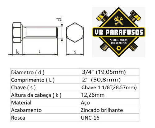 Parafuso Sextavado Rosca Inteira 3/4 X 2 Grau 5 - Unidade 1