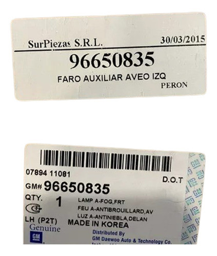 Faro Auxiliar Izquierdo Chevrolet Aveo 08/11 Original 0