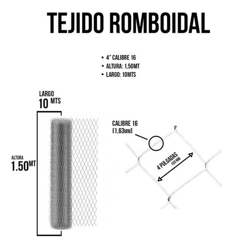 Alambre Tejido Romboidal  1,50x10mts, Cal 16, Rombos De 10cm 1