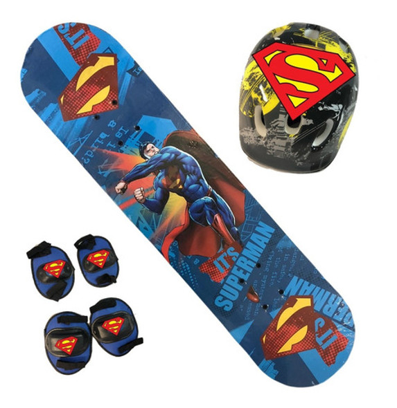 Skate Patineta Superman Kit Seguridad Casco Protecciones Dc 0