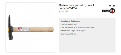 Martelo Para Pedreiro, Com 1 Corte, 500g Nove54 1