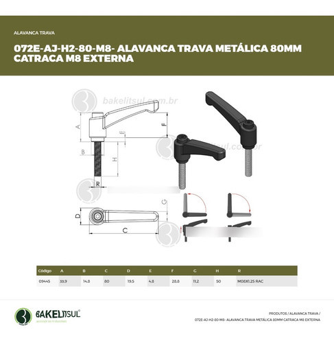 Alavanca Trava Metálica 80 M8x50 Aço (05 Peças) 1