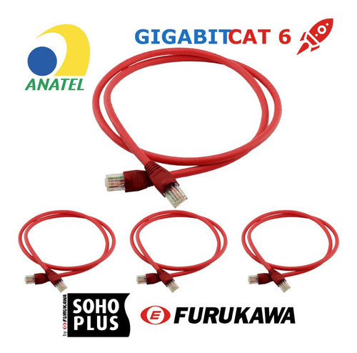 Kit 20 Un Cabo De Rede 2,5m Cat6 Furukawa Rj45 Vermelho Giga 1