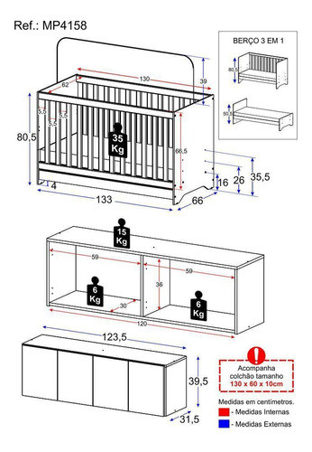 Berço 3em1 Colchão Armário Aéreo 4portas Mp4158 1