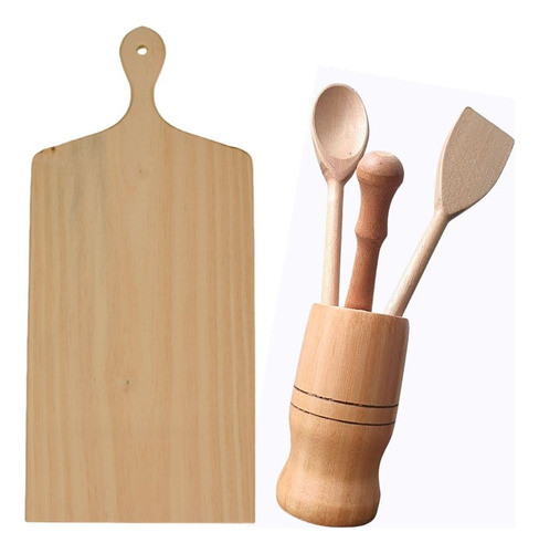 Kit 5 Utensílios De Cozinha Pilao Socador Colher Pá + Tabua 0