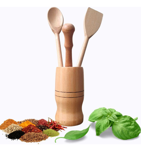 Kit 5 Utensílios De Cozinha Pilao Socador Colher Pá + Tabua 1