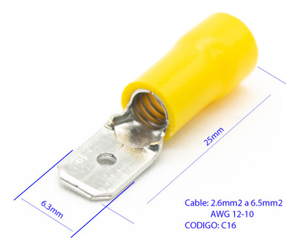 100 Terminales Preaislado Pala Macho 6.3 Amari C16 2.6-6.5mm 1