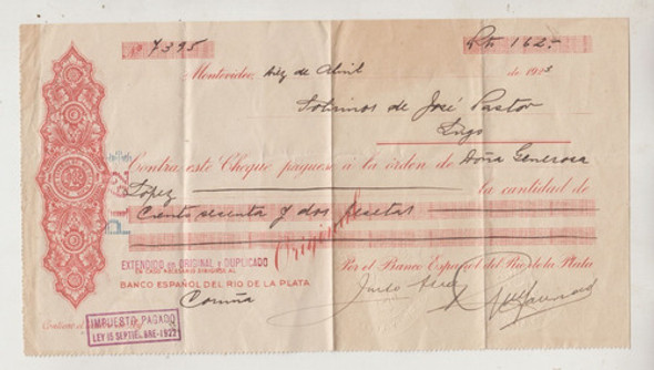 1923 Cheque Del Banco Español Del Rio De La Plata Uruguay 0