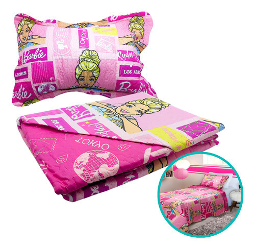 Kit Colcha Infantil Barbie Dupla Face Solteiro 2 Peças 0