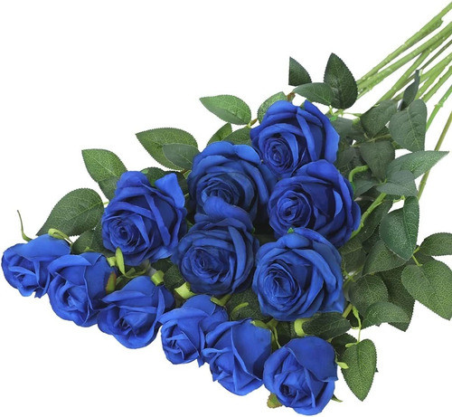 12 Rosas De Seda Artificiales Con Tallo Largo - Azul 0
