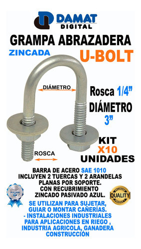Abrazadera Grampa U Bolt Rosca 1/4  P/caño 3 PuLG Kit 10 Uni 1