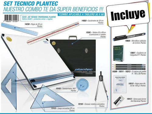 Set De Dibujo Técnico Plantec Tablero 40x50 Completo 26 Art 0