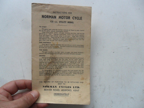 Folleto Manual De Moto Norman 125 Motor Cycles Antiguo Puma 0