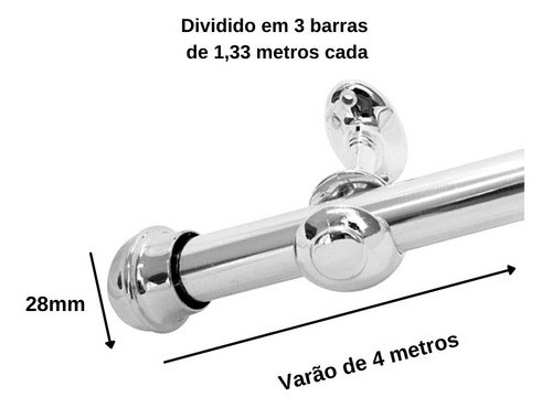Varão Cromado Cortina Simples 4m E Espessura 28mm Alumínio 1