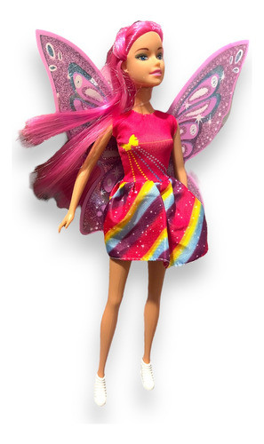 Muñeca Articulada Hada Con Alitas Brillo Arcoiris Pelo Largo 1