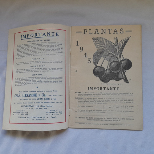 Antiguo Catalogo De Plantas Casa Juan Cale, 1945. Vivero 1