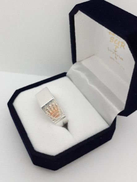 Anillo Iniciales Sello Mesa Plata Y Oro  Corona Dama Mujer 0