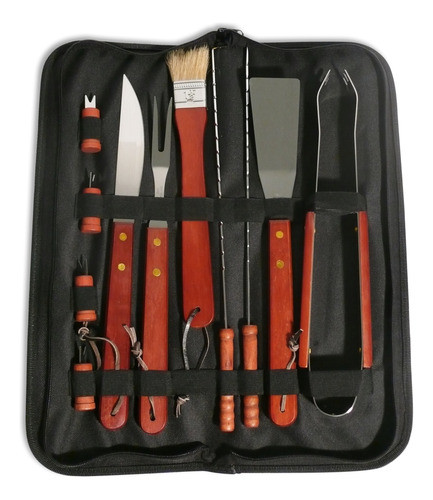 Set De Asado Accesorios Parrilla Madera Y Acero Inoxidablle 0
