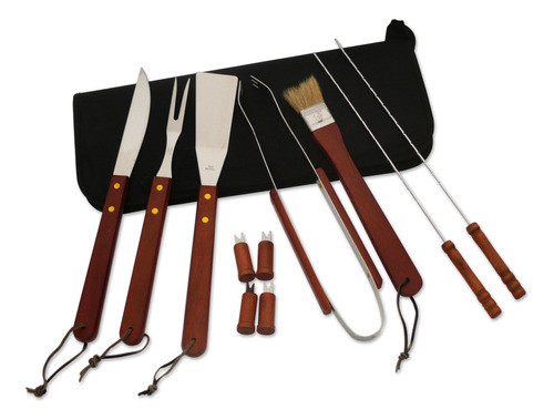 Set De Asado Accesorios Parrilla Madera Y Acero Inoxidablle 1