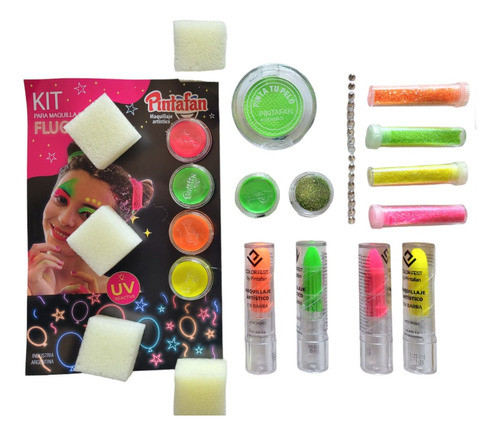 Combo Kit Maquillaje Fluo Labiales Glitter Esponjas Strass 0