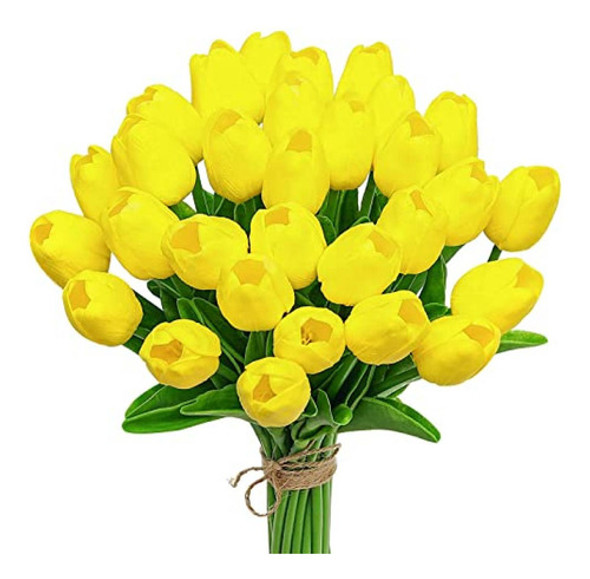 20 Tulipanes Artificiales De Latex Con Tallos - Yellow 0