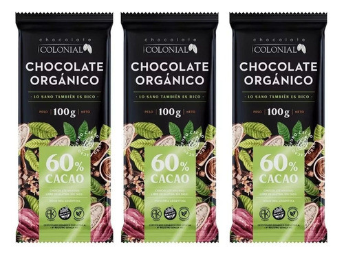 Chocolate Organico 60% Cacao Colonial 100g Sin Tacc X3 0