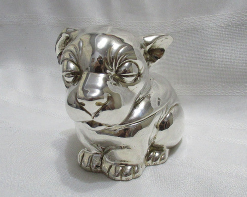 Antigua Caja Perro Cachorro Perrito Bronce Plateado Firmado 0