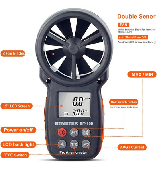 Anemômetro Btmeter Bt-100 Medidor Digital De Velocidade Do V 1