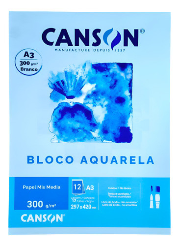 Bloco Papel Aquarela Mix Media 300g Canson A3 C/ 12fl 0