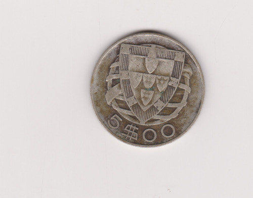 Moneda Portugal 5 Escudos Plata Año 1947 Bueno + Sucia 1