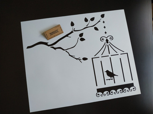 Stencil Jaula Pajarito Rama Tela Pared Cuadro 50x60 Anl901 0