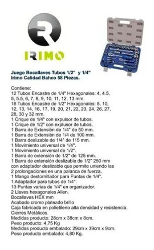 Juego Tubos Bocallaves Irimo 58 Piezas + Caja Con Accesorios 1