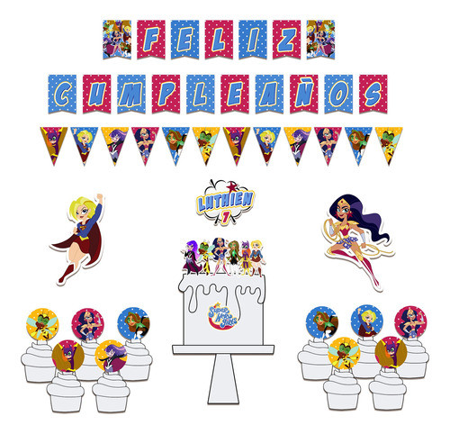 Kit Cumple Deco Cake Topper Banderín Chicas Super Heroes 0