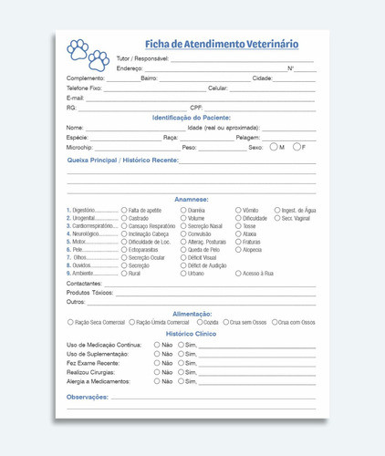 Ficha Atendimento (anamnese) Veterinário, Petshop- 10 Blocos 0