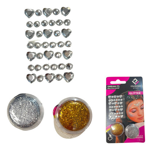 Mini Kit Glitter + Strass Autoadhesivos Maquillaje Cotillon 0
