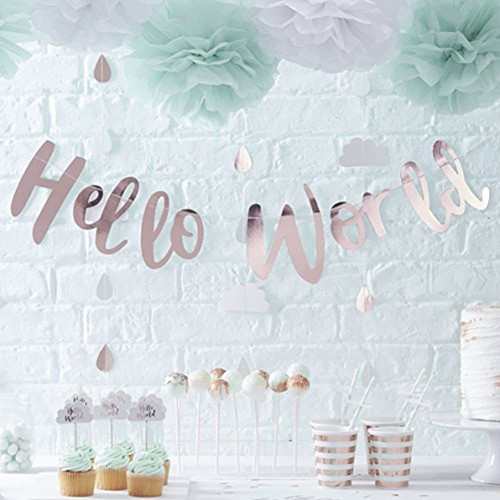 Ginger Ray Rose Gold Hello World Scripted Baby Shower Buntin 0