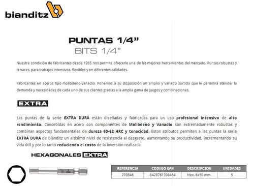 Puntas Destornillador Allen 6x50mm Bianditz 239846 1