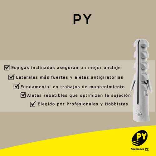 500 Unidades - Tarugo Común Sin Tope Nº10 - Marca: Fijaciones Py - Material: 100% Nylon - Para Ladrillo Macizo 1