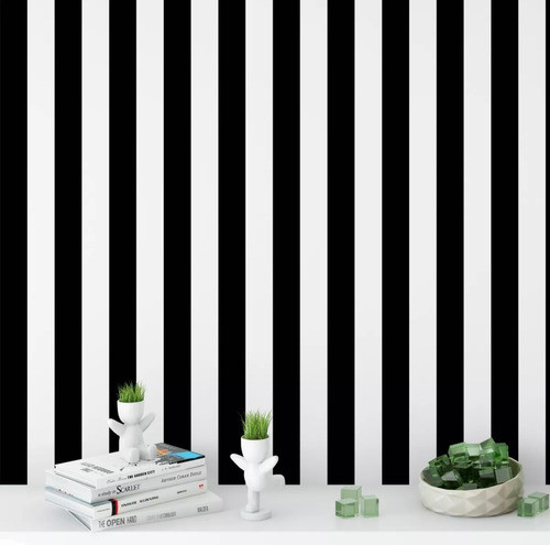 Papel De Parede Listrado 8cm Preto E Branco 2,50m Kit C/04 0