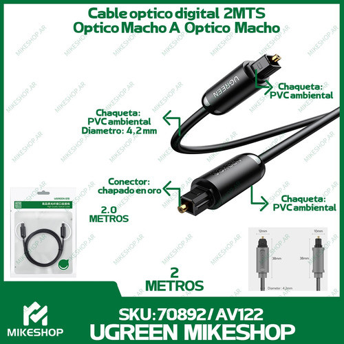 Cable Optico Audio Digital Fibra Plug A Plug 2 Mteros Ugreen 1