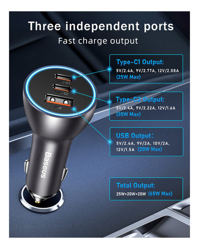 Cargador De Coche Usb C De 65 W, Baseus Qc3.0 Pd3.0 Tipo C, 1