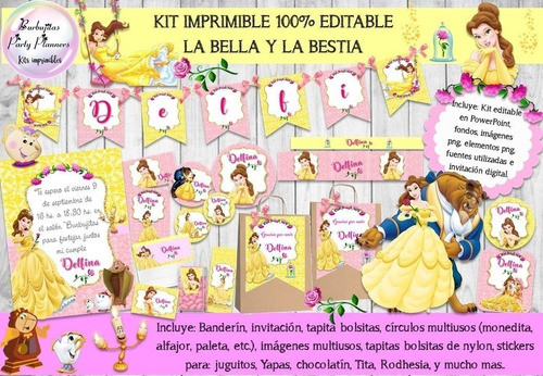 Kit Imprimible Candy Bar La Bella Y La Bestia 100% Editable 0