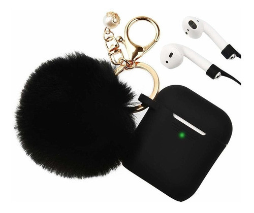 Funda De Silicona Para AirPods 1 / 2 Con Pompom Color Negro 0