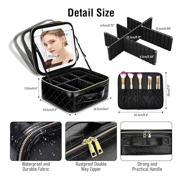 Bolso De Maquillaje Portátil Con Espejo Iluminado, Negro 1