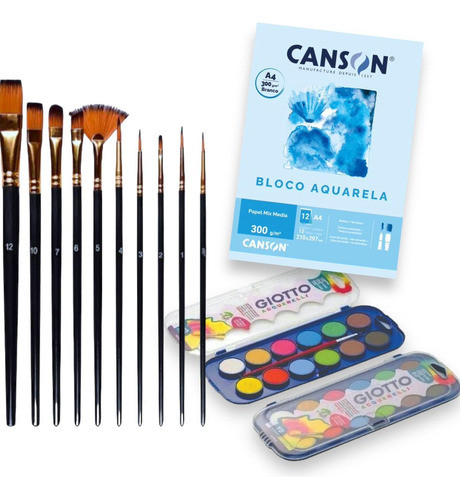 Kit Aquarela 12 Cores - Bloco Papel Canson -  Kit  Pincel 0