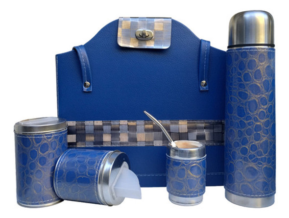 Set Matero Azul Y Glitter Plateado Eco Cuero Termo 1 L Acero 0